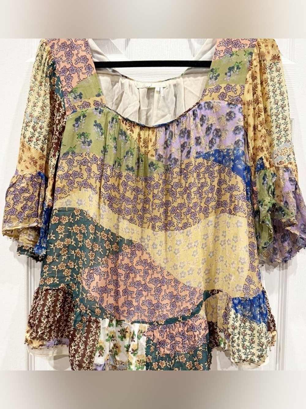 Floreat Multi-Color Patchwork Floral Peasant Top from Anthropologie